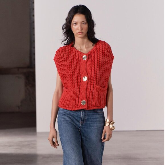 Zara Sleeveless Cropped Knit Sweater Vest Red Blogger Fav Size Small - Picture 5 of 10